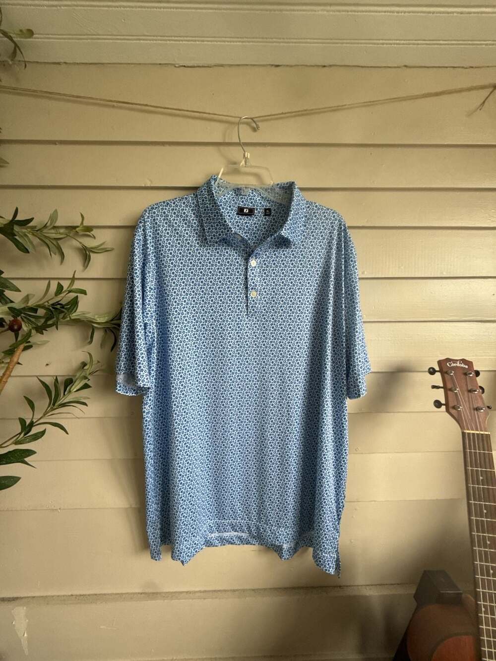 FootJoy Men's Allover Floral Print Performance Golf Polo Shirt - Blue/White